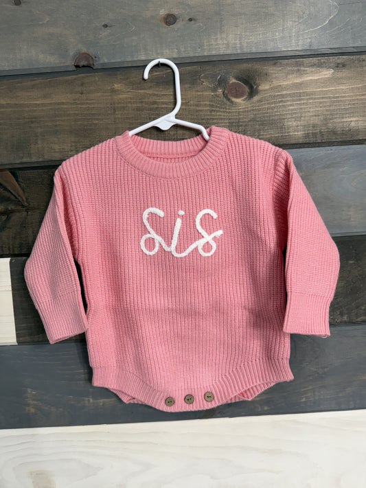 Sis Embroidered Knit Sweater Romper Pink