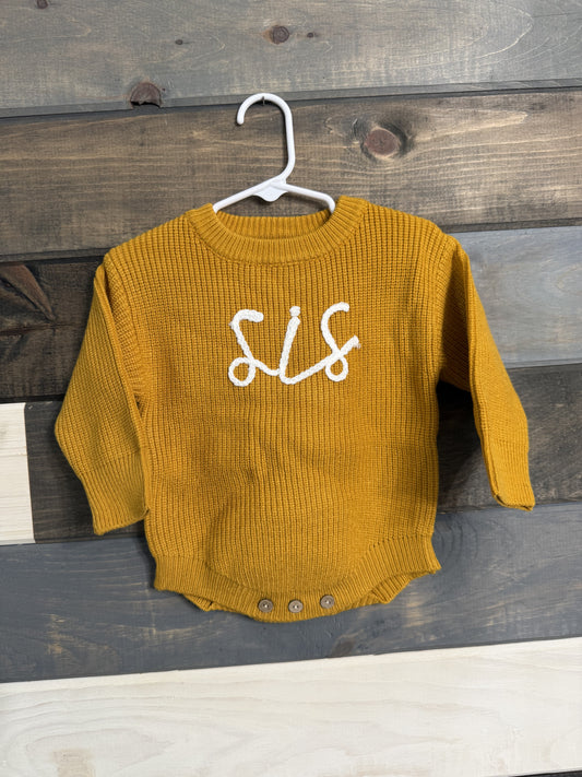 Sis Embroidered Knit Sweater Romper Mustard