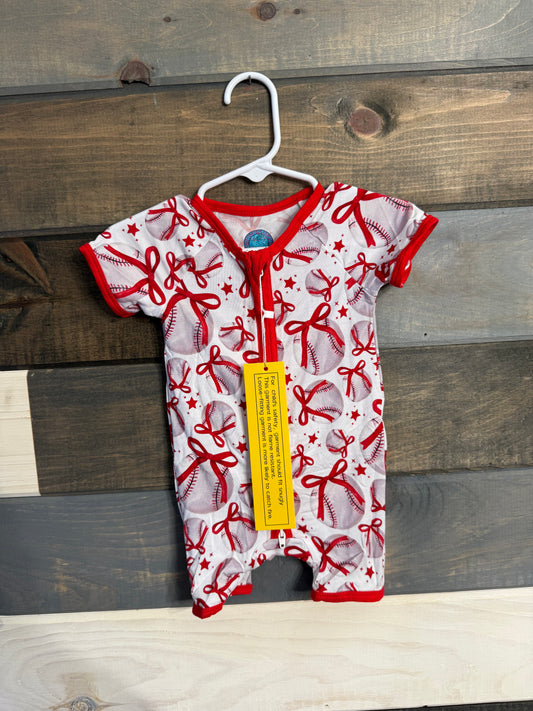 Baseball Bow Bamboo Shortie Romper